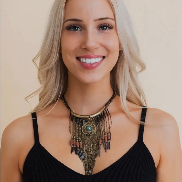 Antique Gold Turquoise Fringe Necklace – Handcrafted Boutique Jewelry from India - Picture 2 of 4